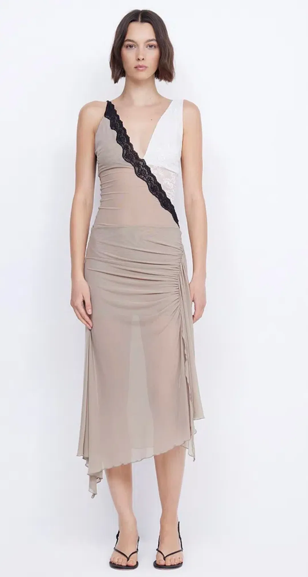 Bec & Bridge Abrielle Asym Midi Dress Taupe/Ivory Size 10 for rent on The Volte - main image