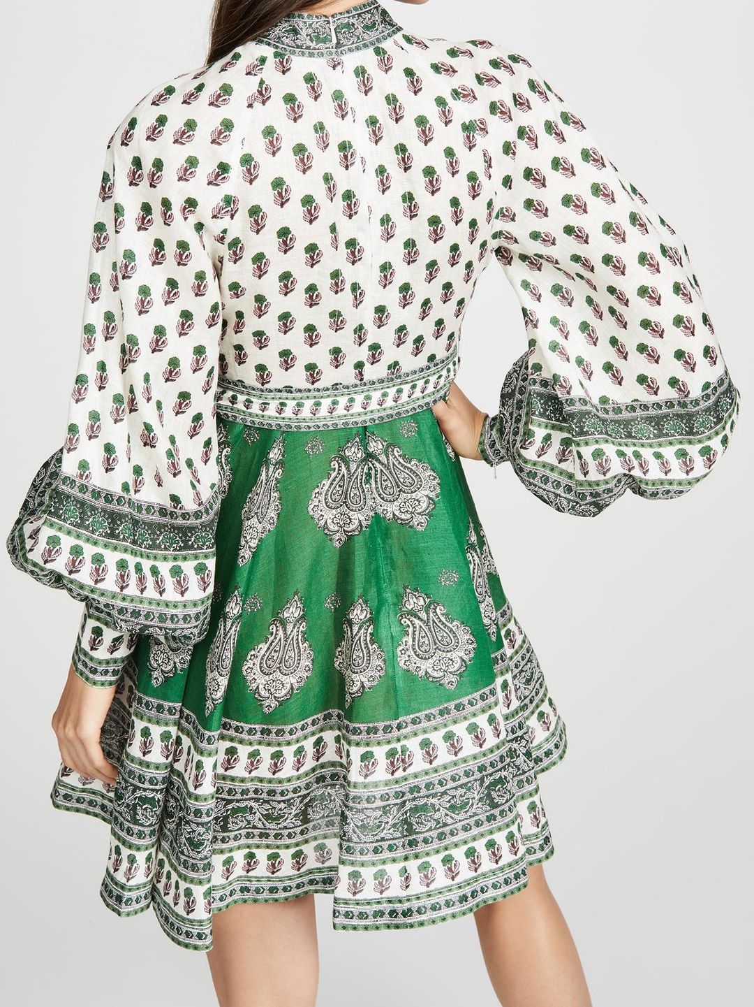 Zimmermann The Amari Emerald Buttoned Mini Dress in Green Paisley Size 6 for rent on The Volte - main image