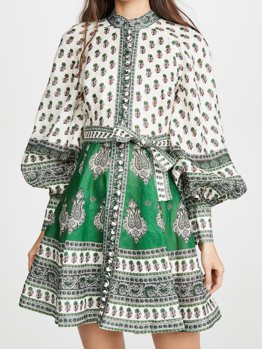 Zimmermann The Amari Emerald Buttoned Mini Dress in Green Paisley Size 6 for rent on The Volte - main image