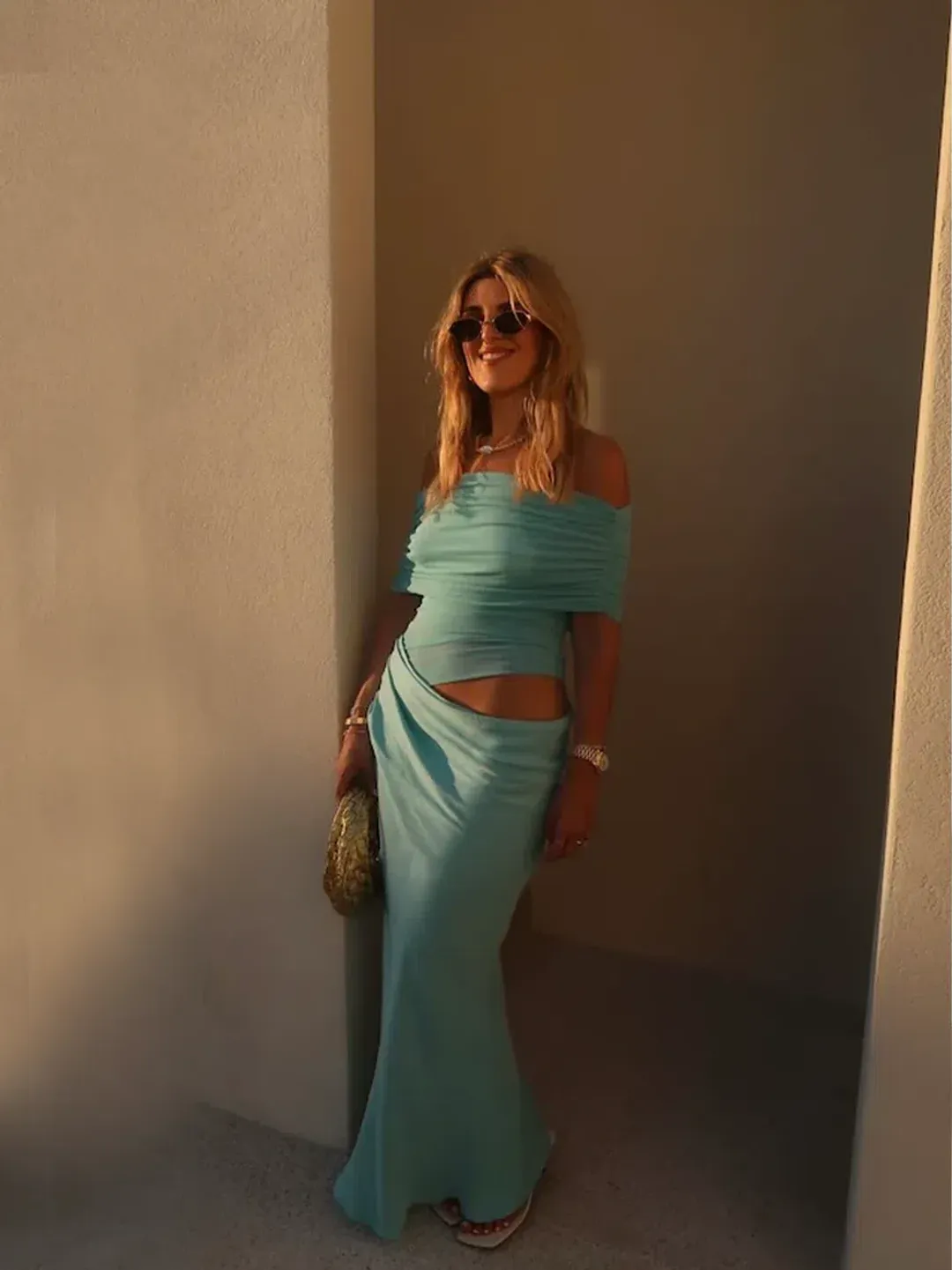 Benni Nico Off Shoulder Maxi Dress Aquamarine Size 8 for rent on The Volte - main image