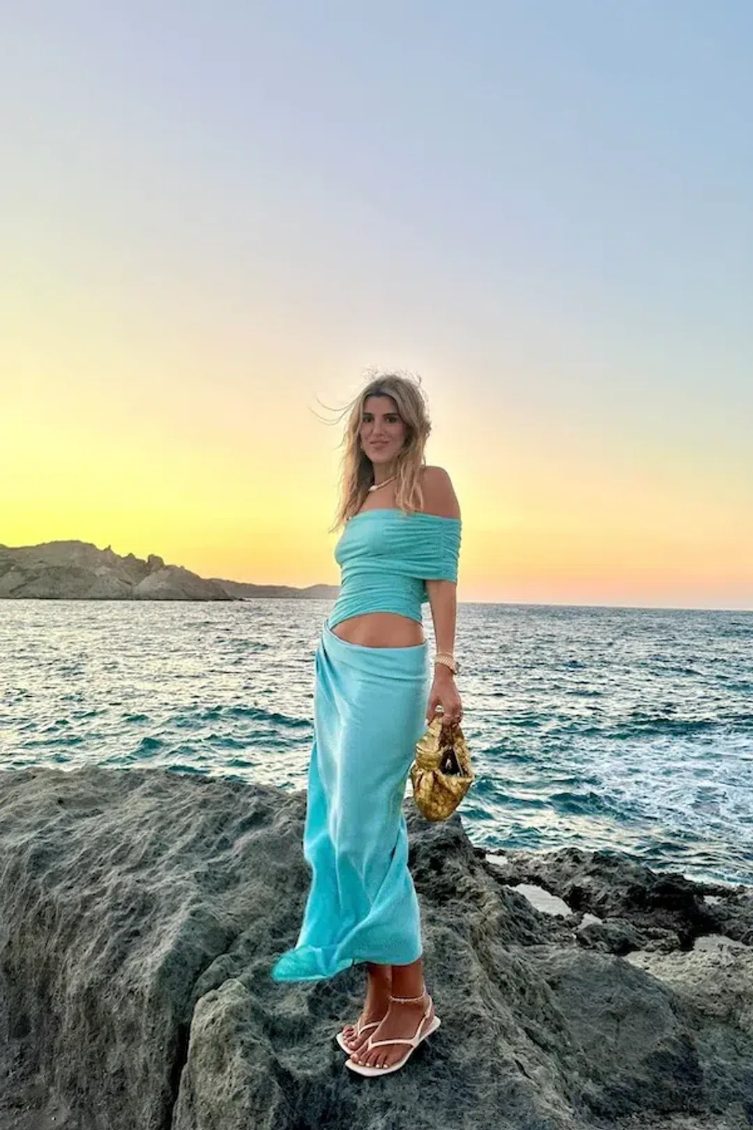 Benni Nico Off Shoulder Maxi Dress Aquamarine Size 8 for rent on The Volte - main image
