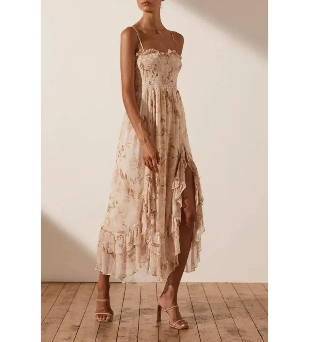 Shona Joy Nina Shirred Midi Dress in Floral Print Size 12 for rent on The Volte - main image