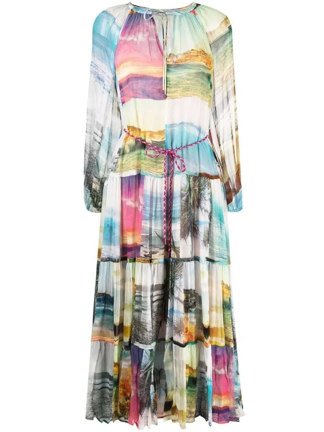 Zimmermann Shelly Tiered Tie Midi Dress Patched Posters Size 0 / AU 8 for rent on The Volte - main image