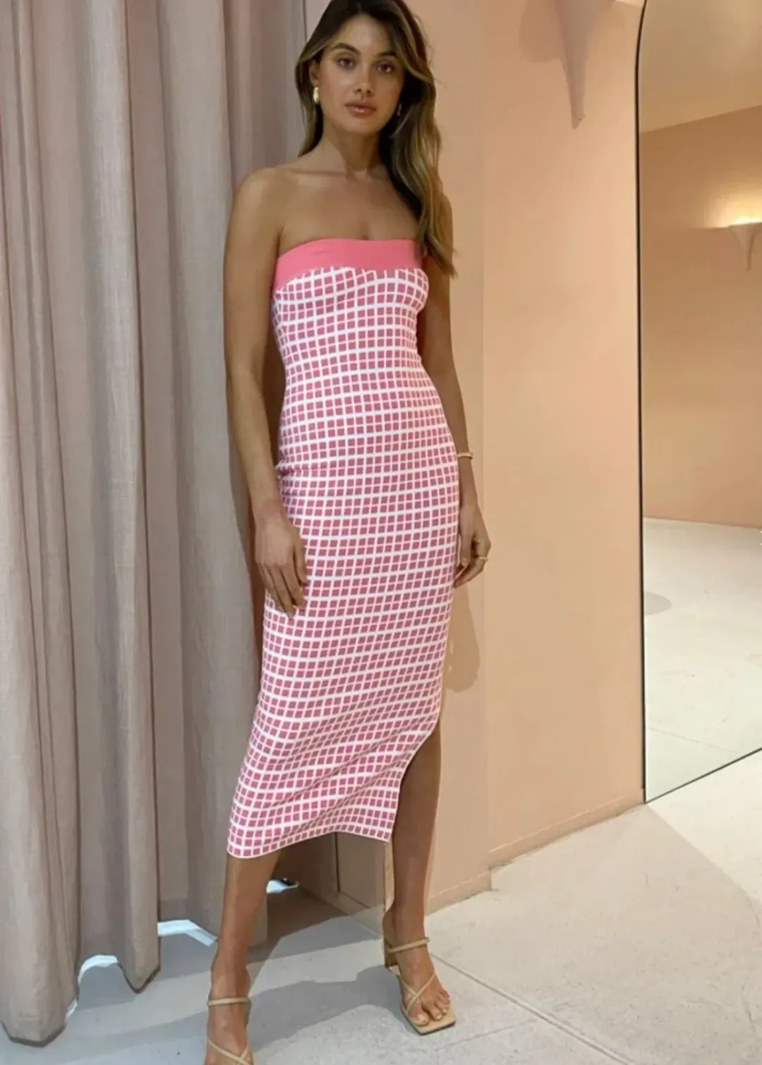 By Johnny Isabella Check Knit Midi Dress in Pink Size 8 for rent on The Volte - main image