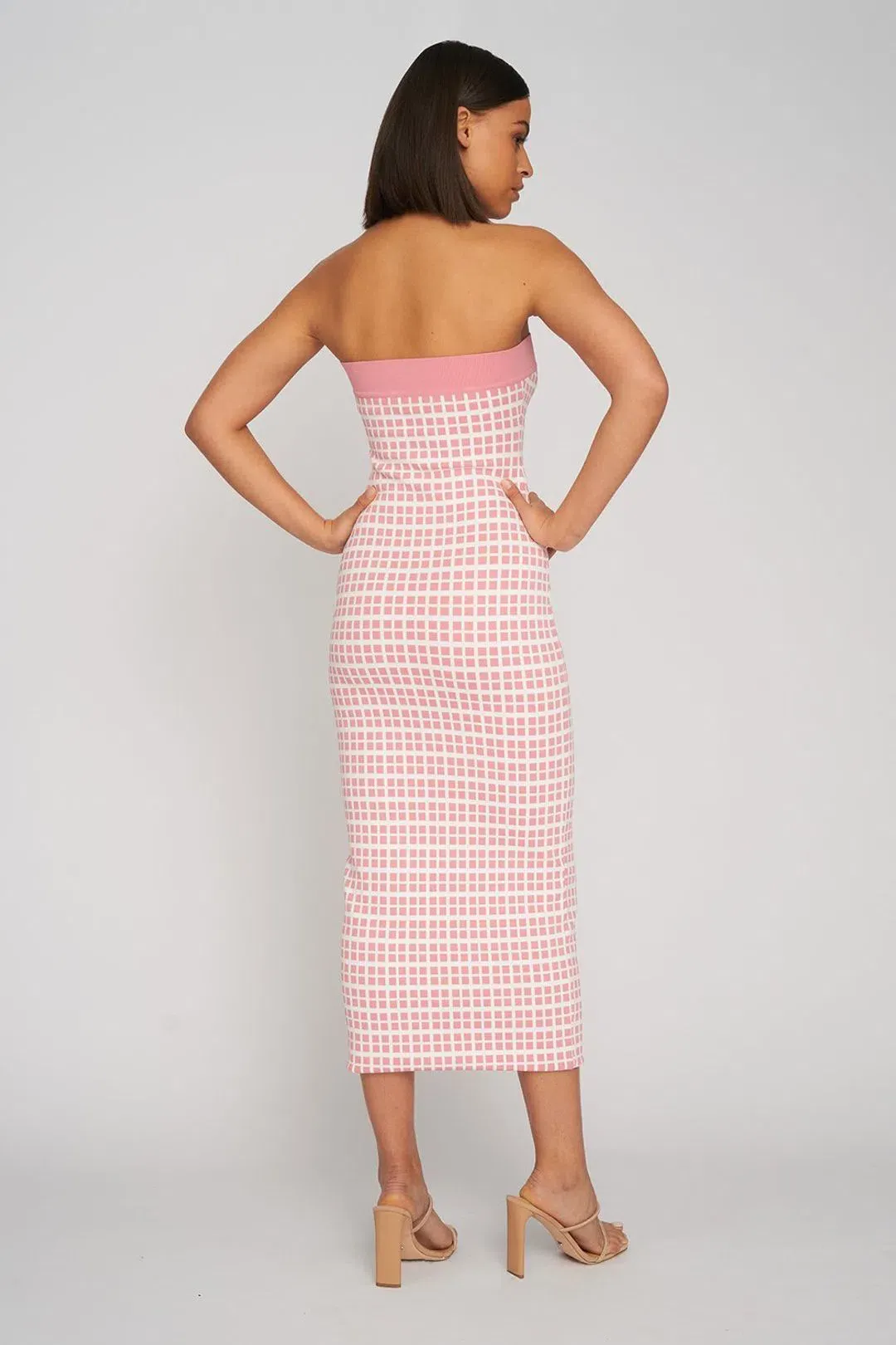 By Johnny Isabella Check Knit Midi Dress in Pink Size 8 for rent on The Volte - main image