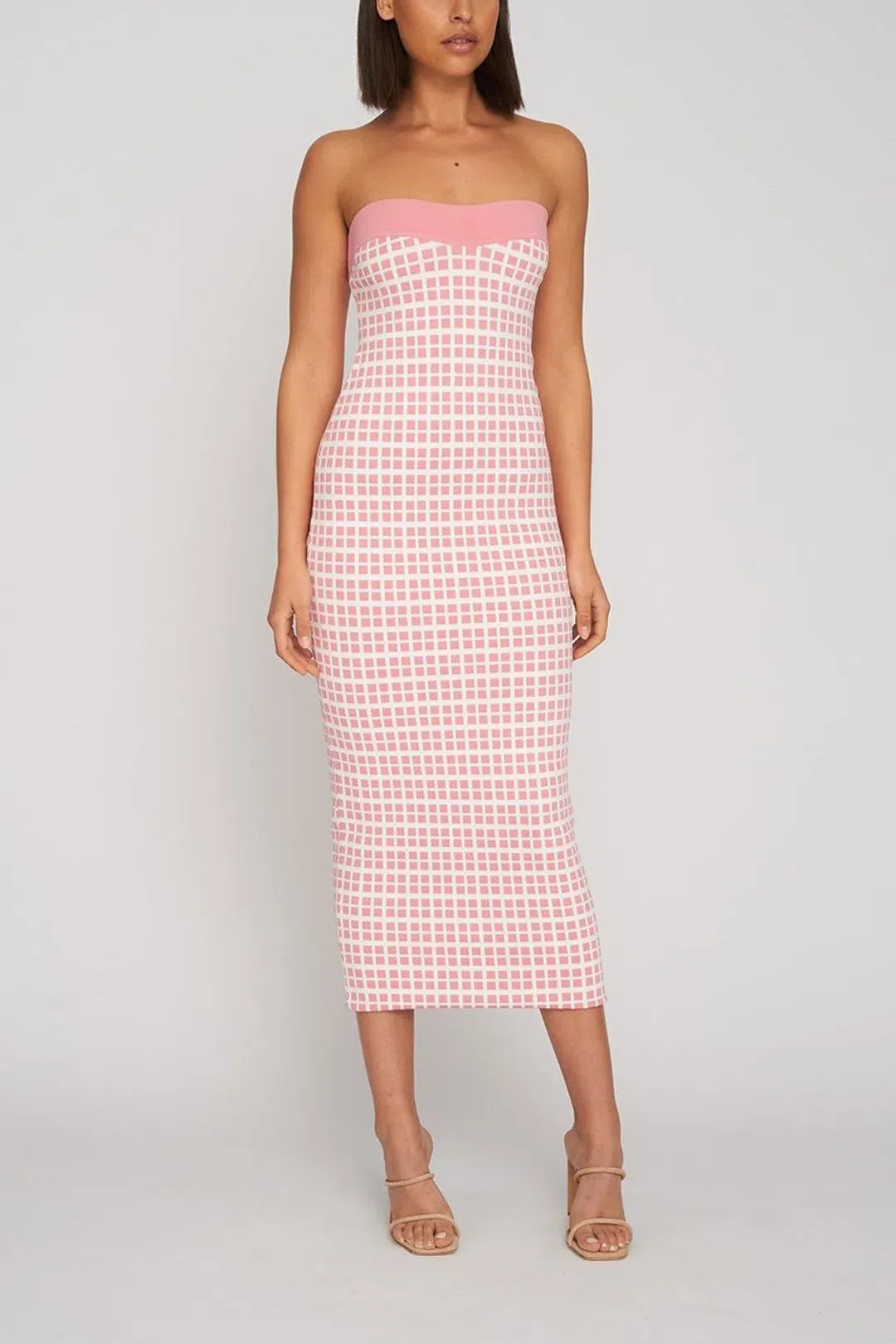 By Johnny Isabella Check Knit Midi Dress in Pink Size 8 for rent on The Volte - main image