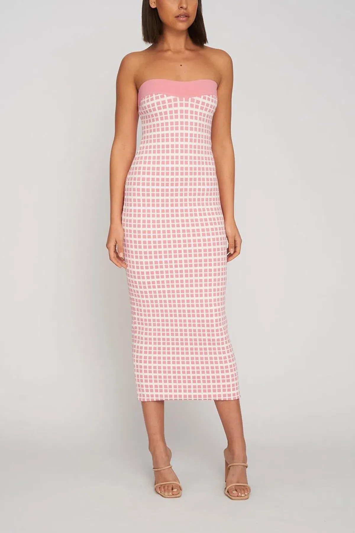 By Johnny Isabella Check Knit Midi Dress in Pink Size 8 - Image 1