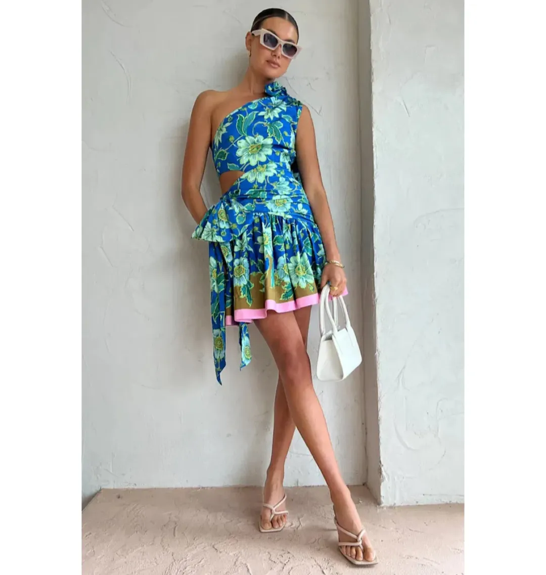 Alemais Winnie One Shoulder Mini Dress Blue/Floral Size AU 8 for rent on The Volte - main image