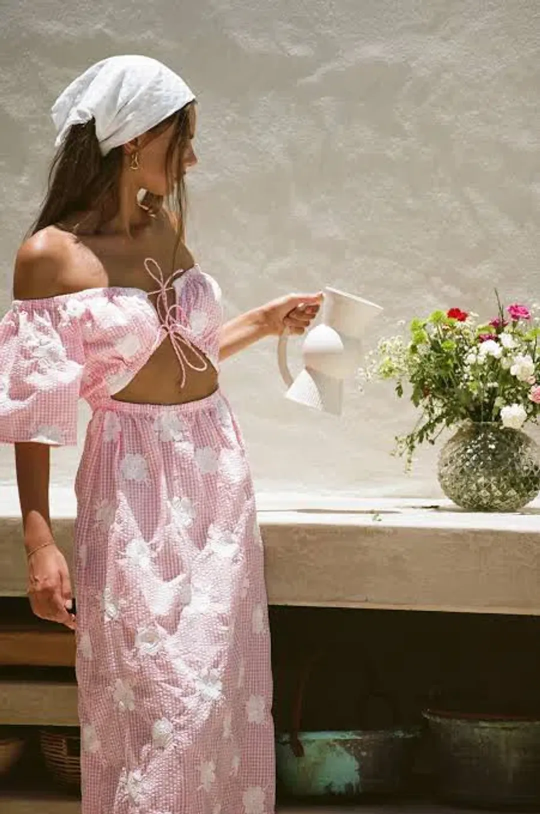 Sabo Skirt Nalu Off Shoulder Dress Gingham Pink/White Size XL / AU 14 for rent on The Volte - main image