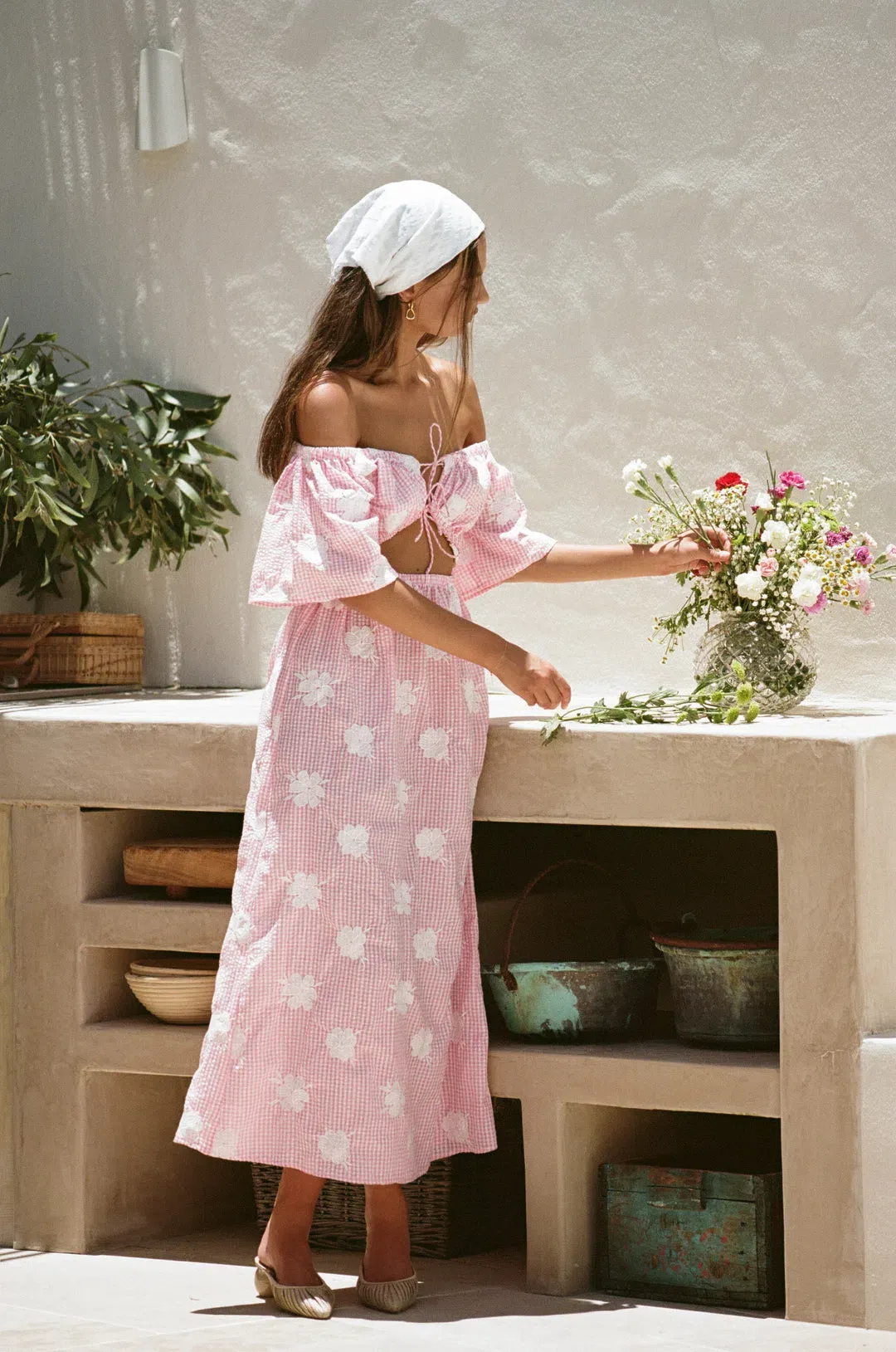 Sabo Skirt Nalu Off Shoulder Dress Gingham Pink/White Size XL / AU 14 for rent on The Volte - main image