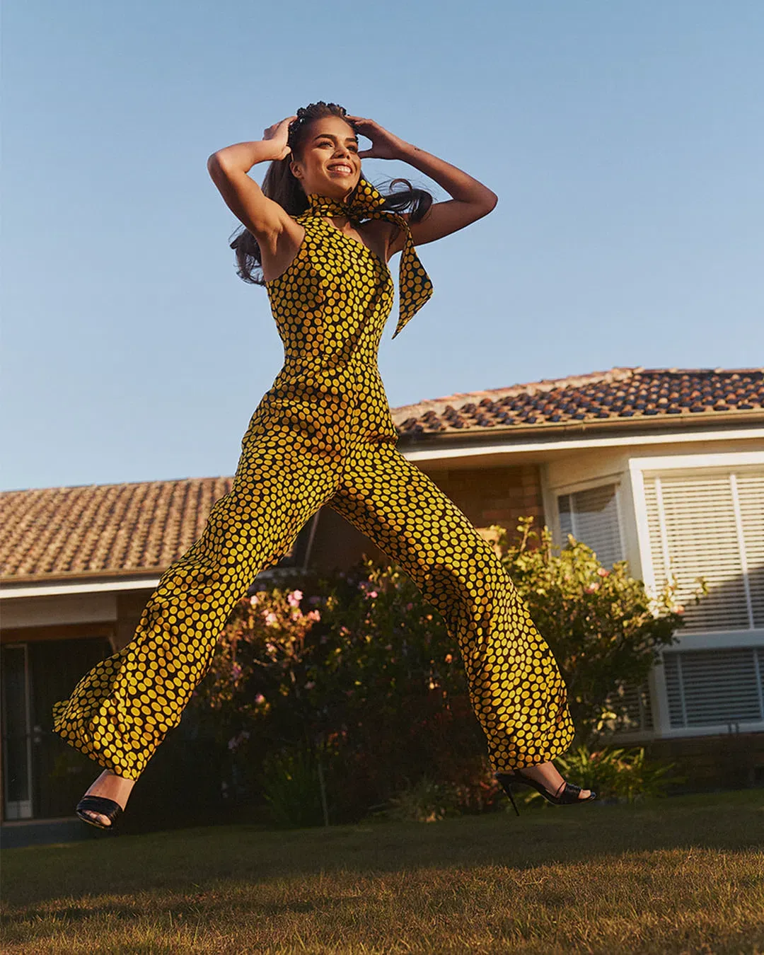 Cue Statement Polkadot Jumpsuit Black/Yellow Size 10 for rent on The Volte - main image