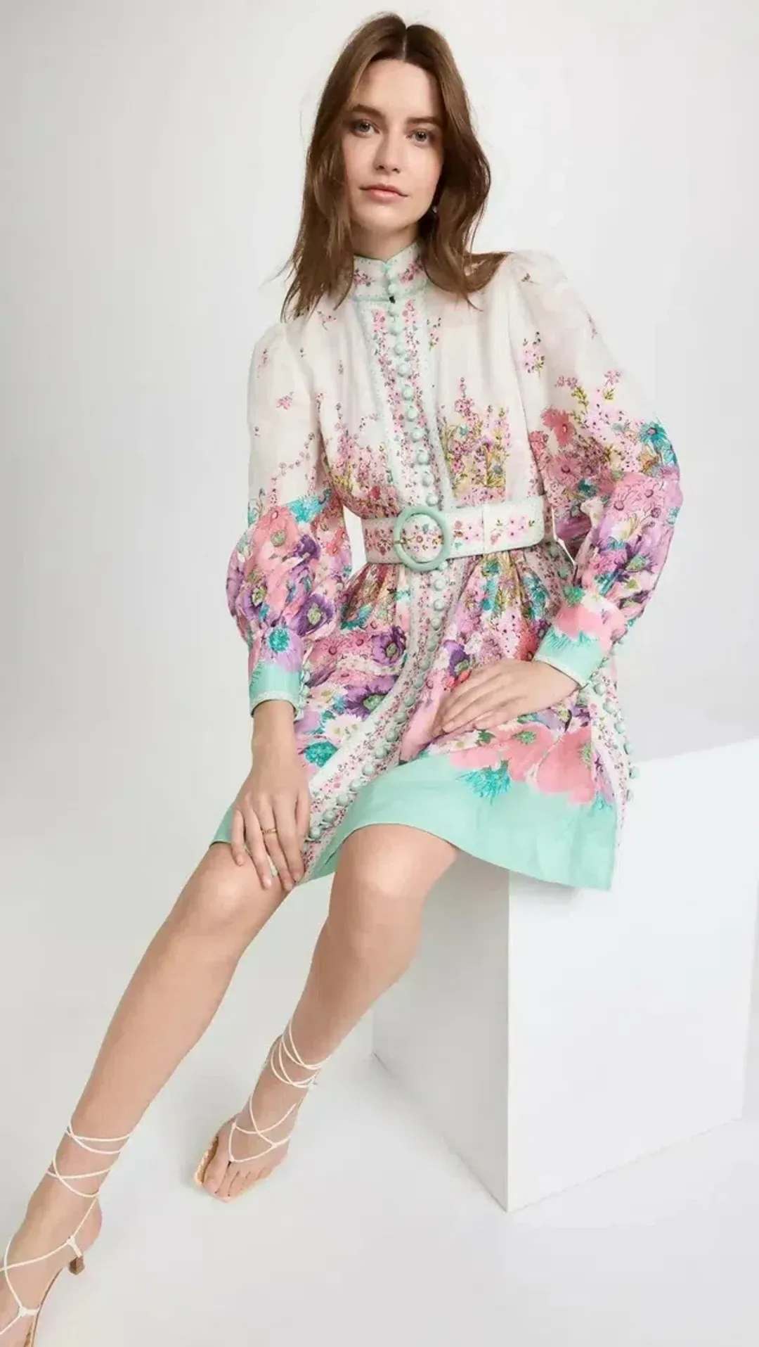 Zimmermann Jude Buttoned Mini Dress In Aqua Gradient Floral Size 3 / Au 14 for rent on The Volte - main image