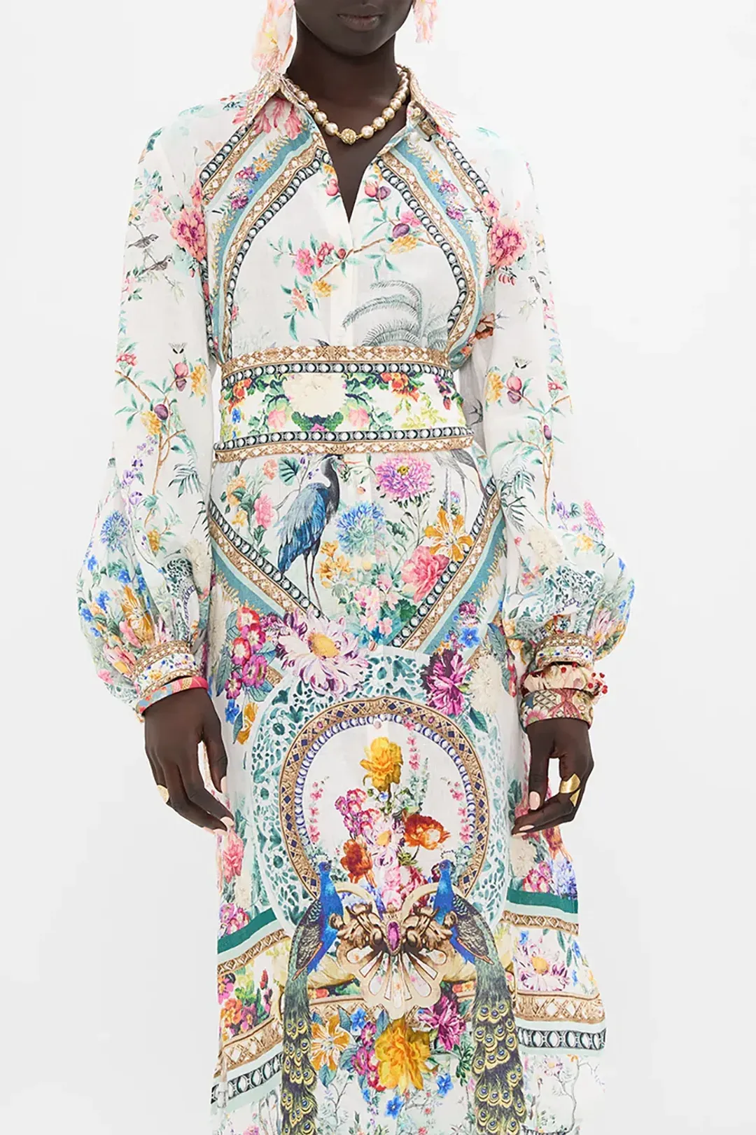 Camilla High Low Midi Linen Shirt Dress Plumes and Parterres Size AU 14 for rent on The Volte - main image