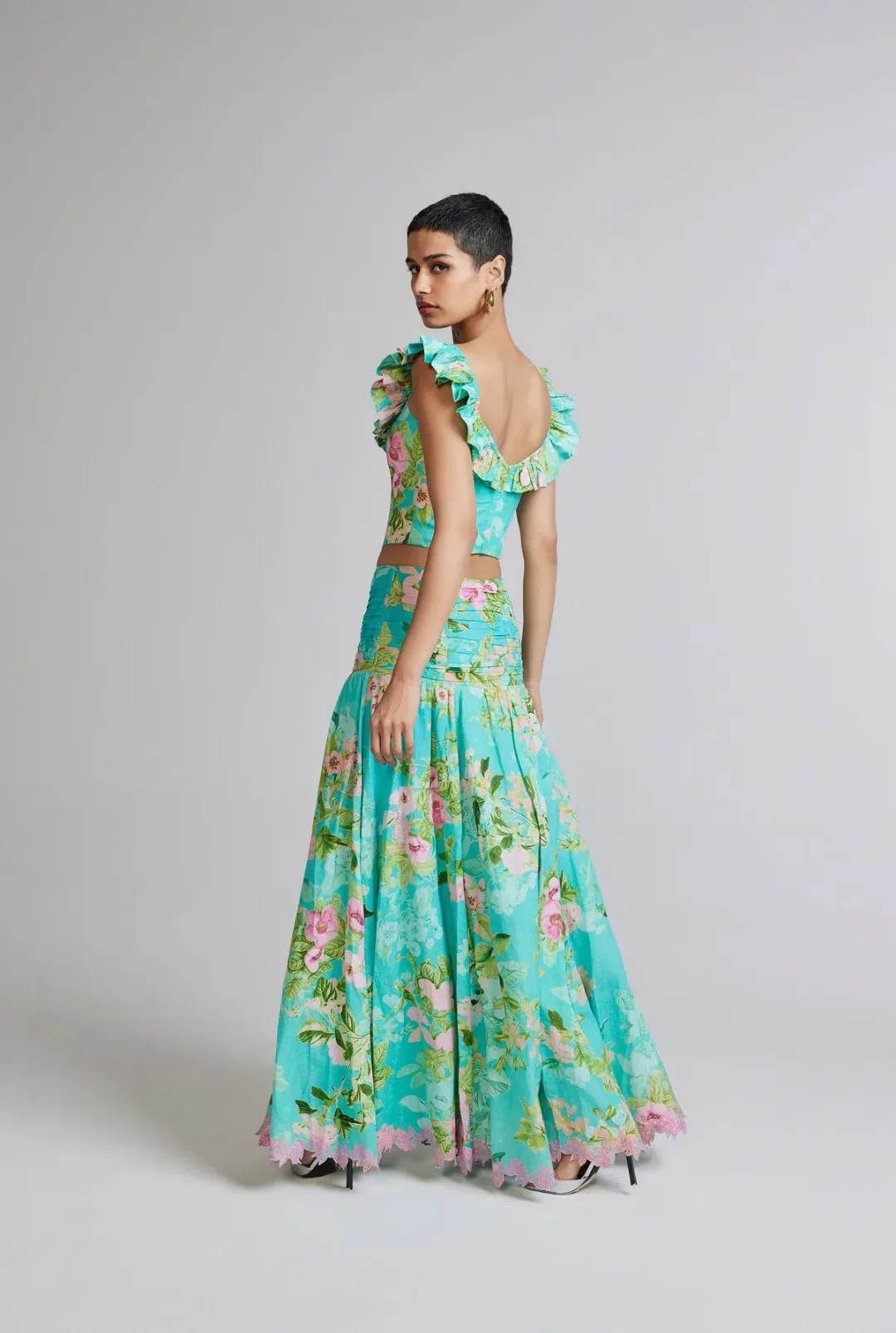 Hemant and Nandita Azra Corset Top and Maxi Skirt Set Green Floral Size 8 for rent on The Volte - main image