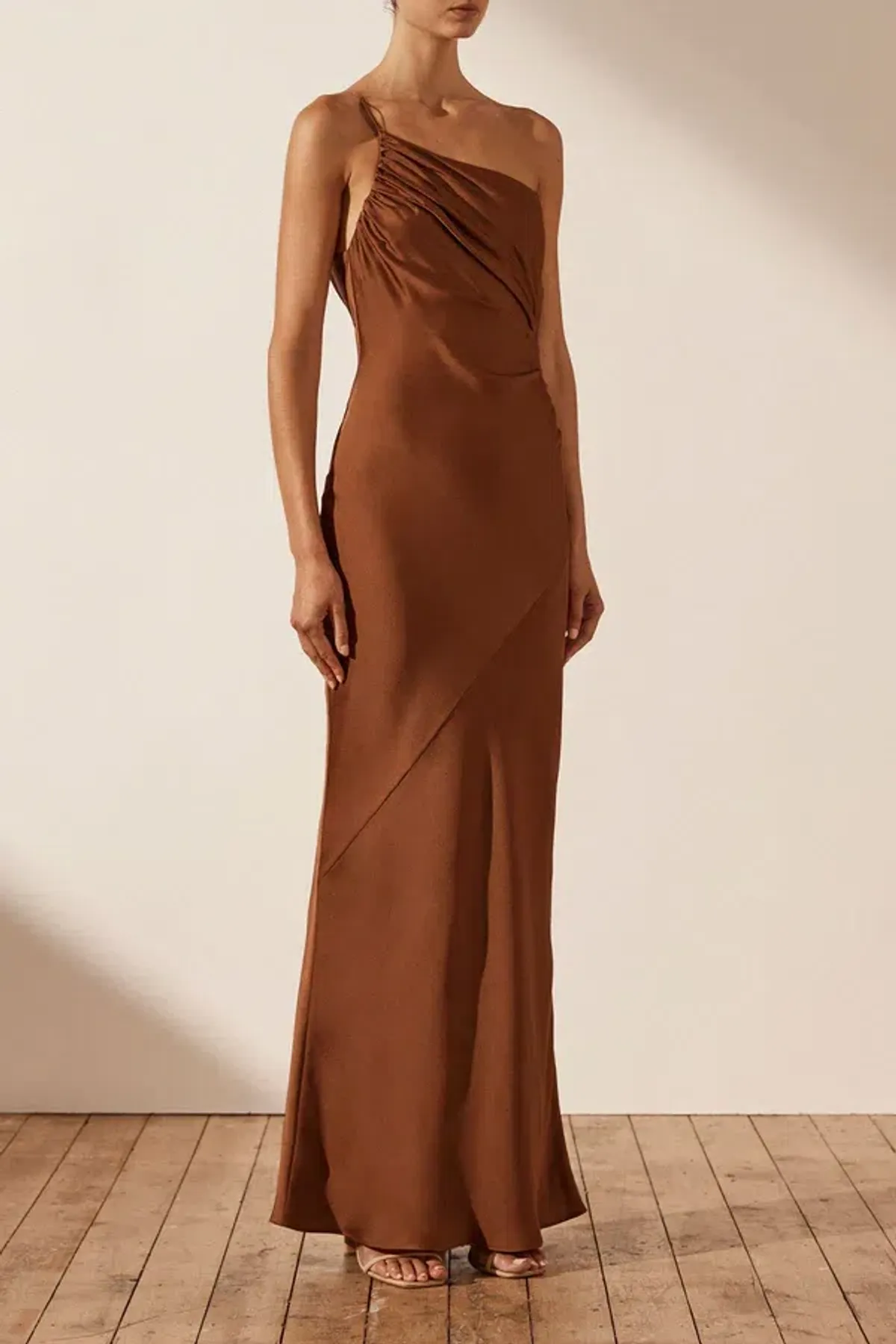 Shona Joy Luxe Asymmetrical Gathered Maxi Dress in Mocha Size 8 - Image 2