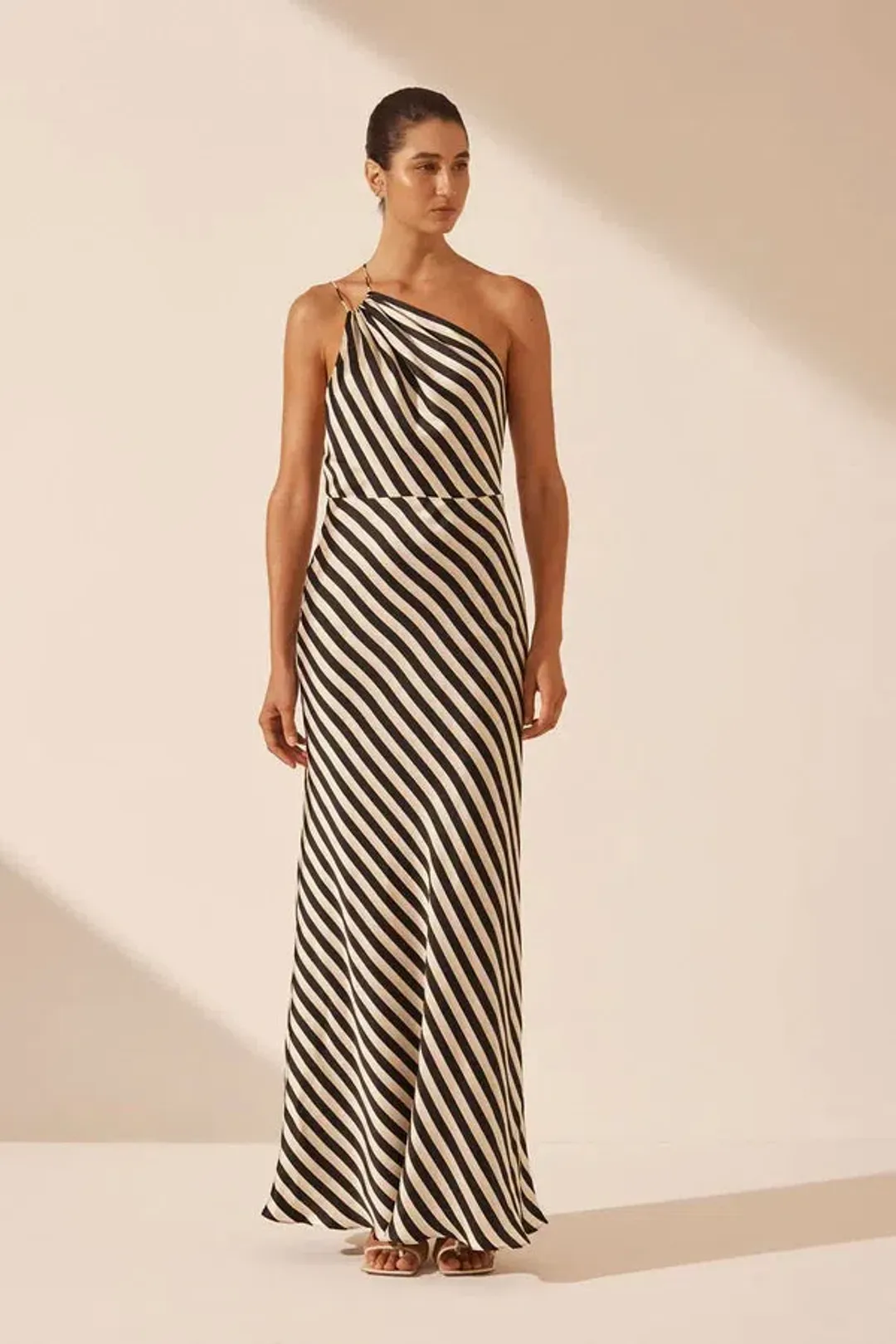 Shona Joy Escalet Silk One Shoulder Open Back Maxi Dress Black/Cream Size 8 for rent on The Volte - main image