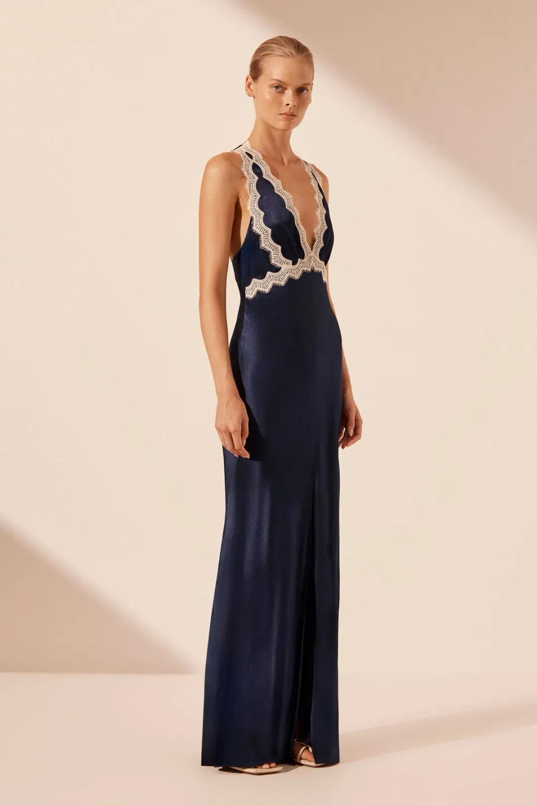 Shona Joy Camille Lace Cross Back Split Maxi Dress Midnight/Ivory Size 12 for rent on The Volte - main image