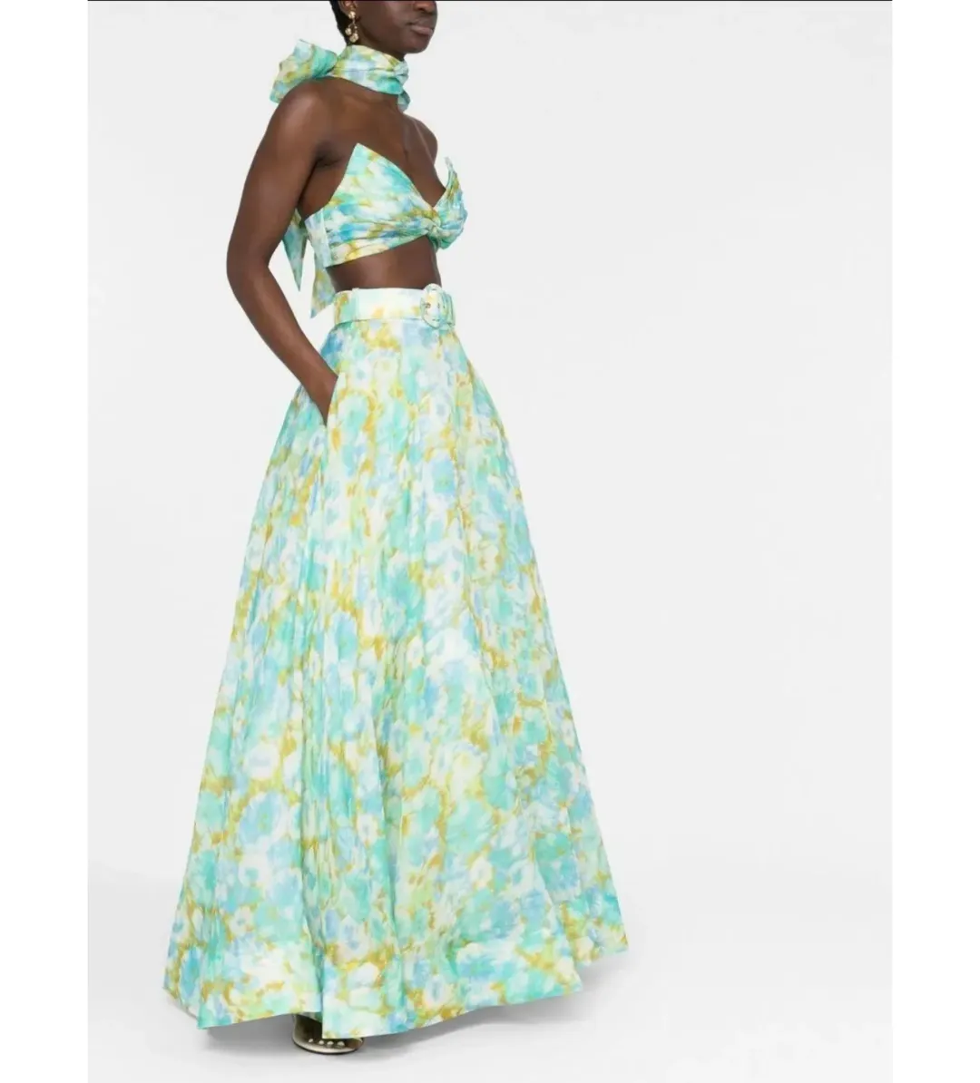 Zimmermann High Tide Twist Crop Bodice & Maxi Skirt Set In Aqua Ikat Floral Size 1 / Au 10 for rent on The Volte - main image