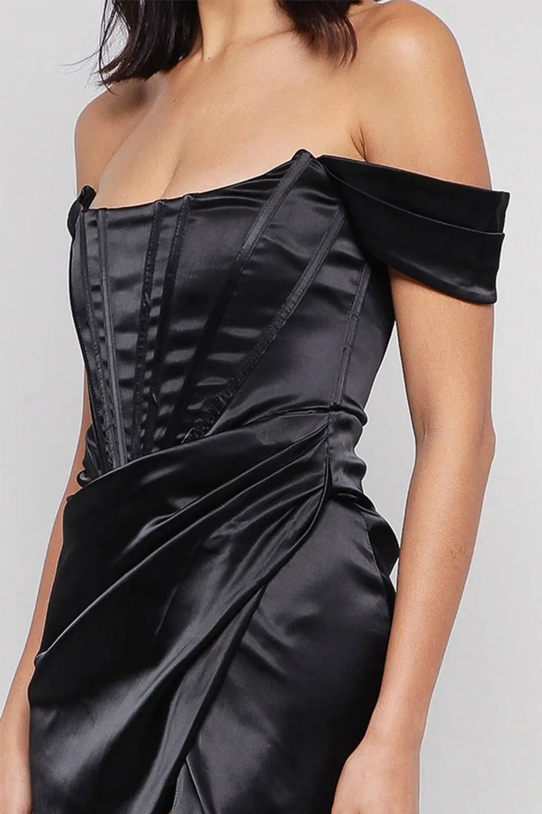 House of CB Loretta Satin Corset Off Shoulder Dress Black Size M / AU 10 for rent on The Volte - main image