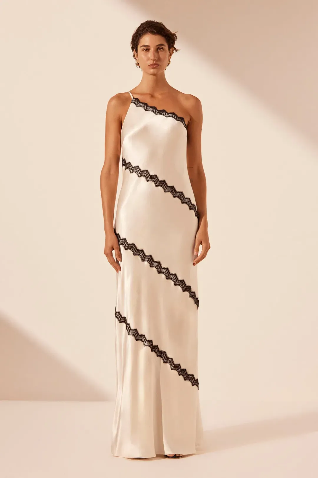 Shona Joy Camille Lace Asymmetrical Maxi Dress in Cream/Black Size 10 for rent on The Volte - main image
