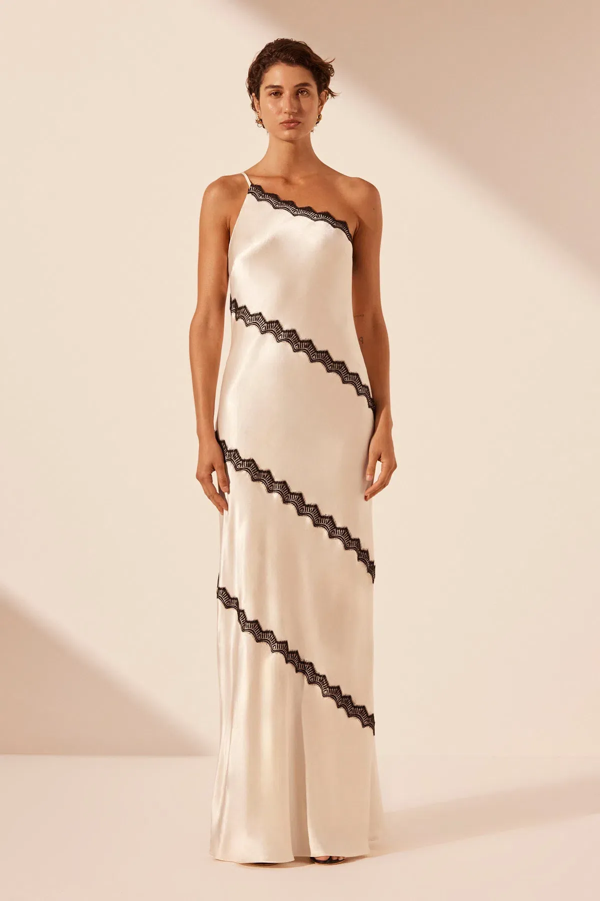Shona Joy Camille Lace Asymmetrical Maxi Dress in Cream/Black Size 10 - Image 1