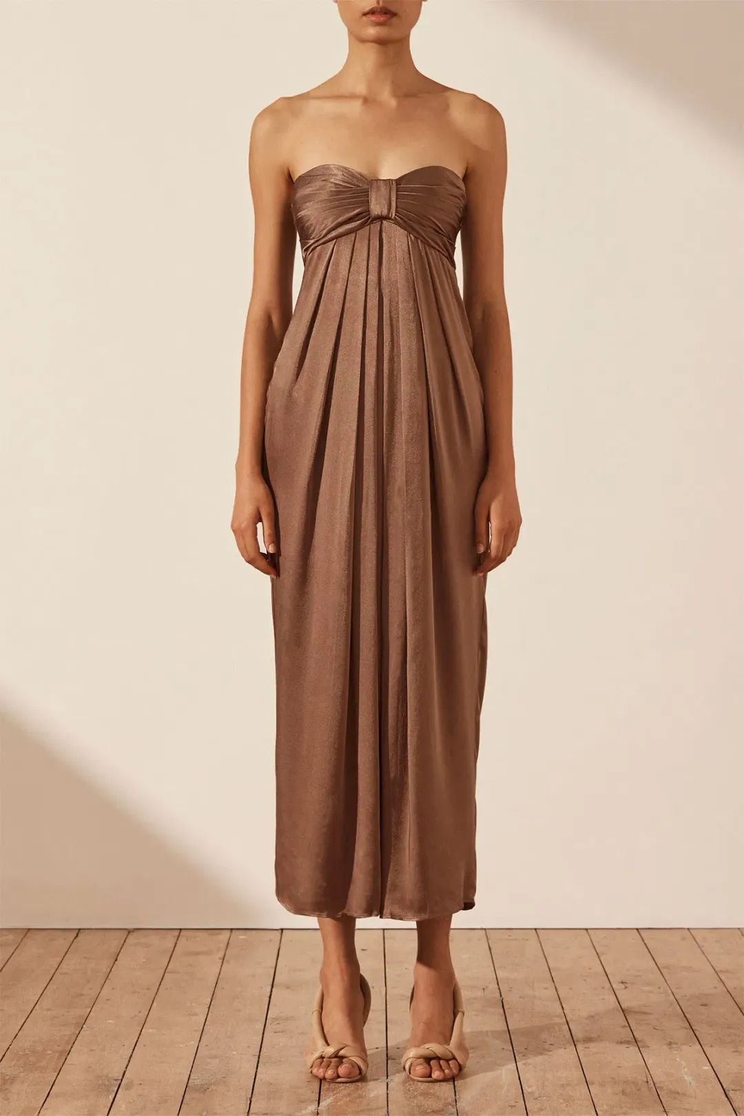Shona Joy Milo Strapless Knot Midi Dress Cacao Size AU 14 for rent on The Volte - main image