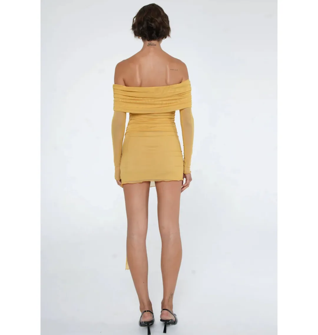 Benni Yasmin Off Shoulder Mini Dress Mustard Size AU 10 for rent on The Volte - main image
