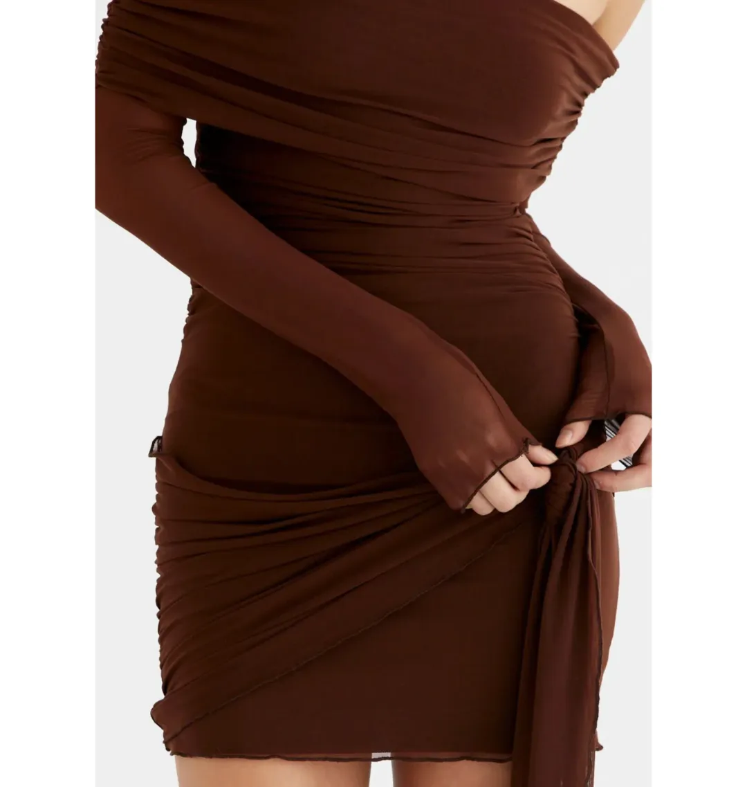Benni Yasmin Off Shoulder Mini Dress Cacao Size AU 8  for rent on The Volte - main image