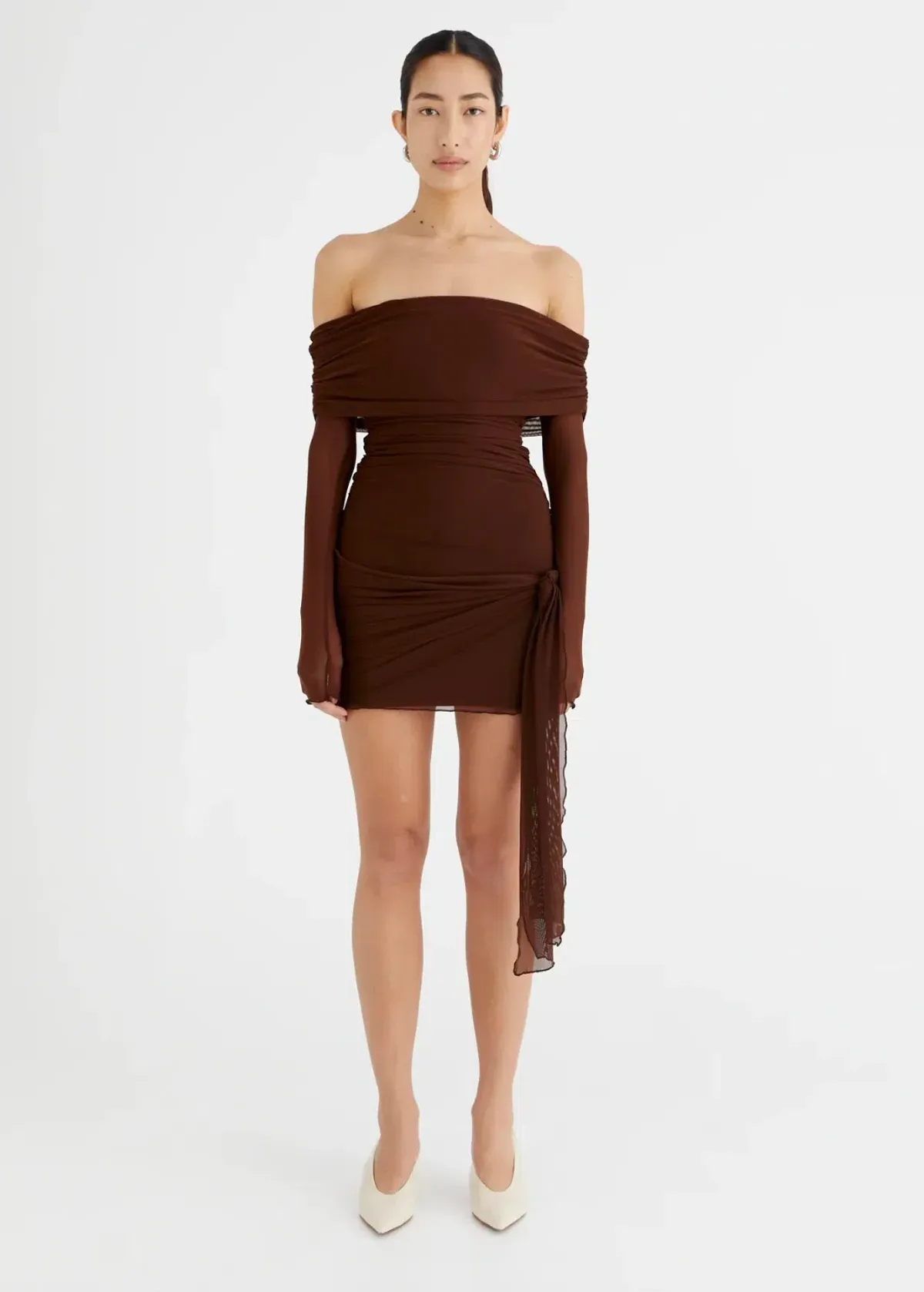 Benni Yasmin Off Shoulder Mini Dress Cacao Size 10  - Image 1
