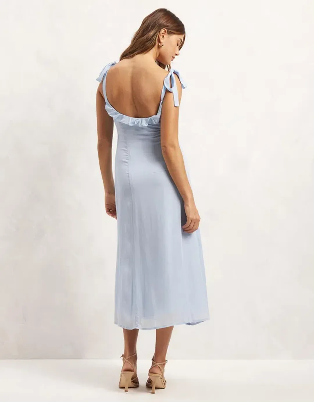 Aere Ruffle Tie Shoulder Midi Dress Pale Blue Size 10 for rent on The Volte - main image