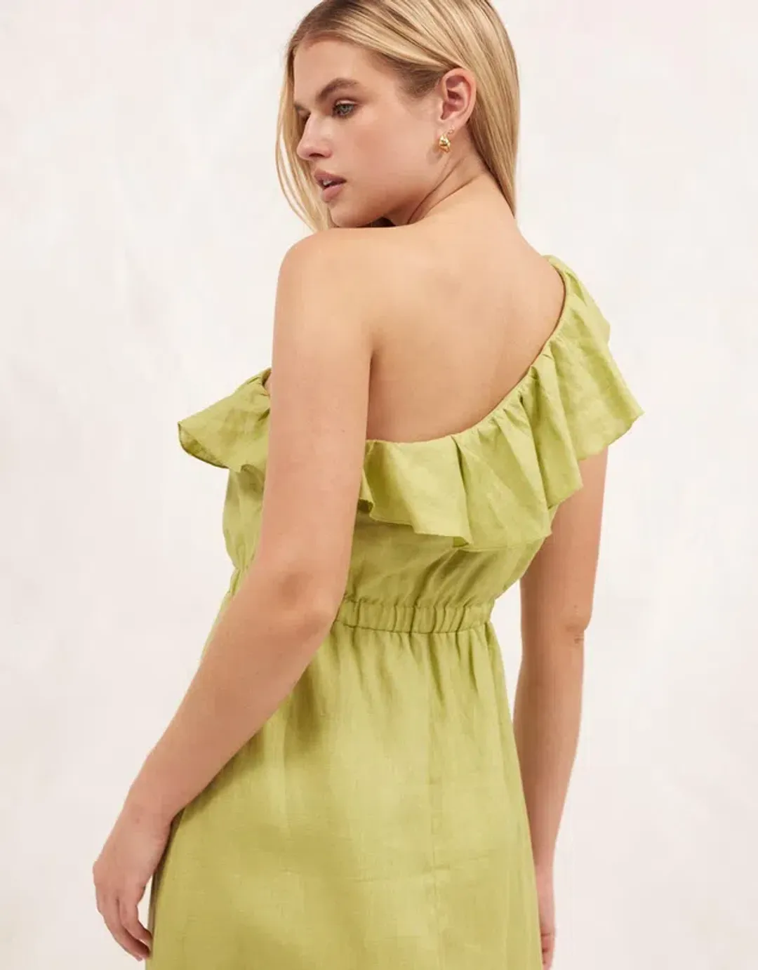 Aere Linen One Shoulder Midi Dress Bay Leaf Green Size 8 for rent on The Volte - main image