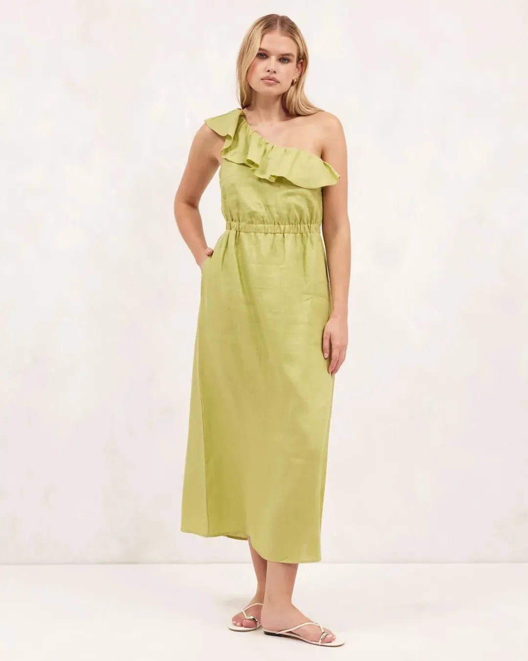 Aere Linen One Shoulder Midi Dress Bay Leaf Green Size 8 for rent on The Volte - main image