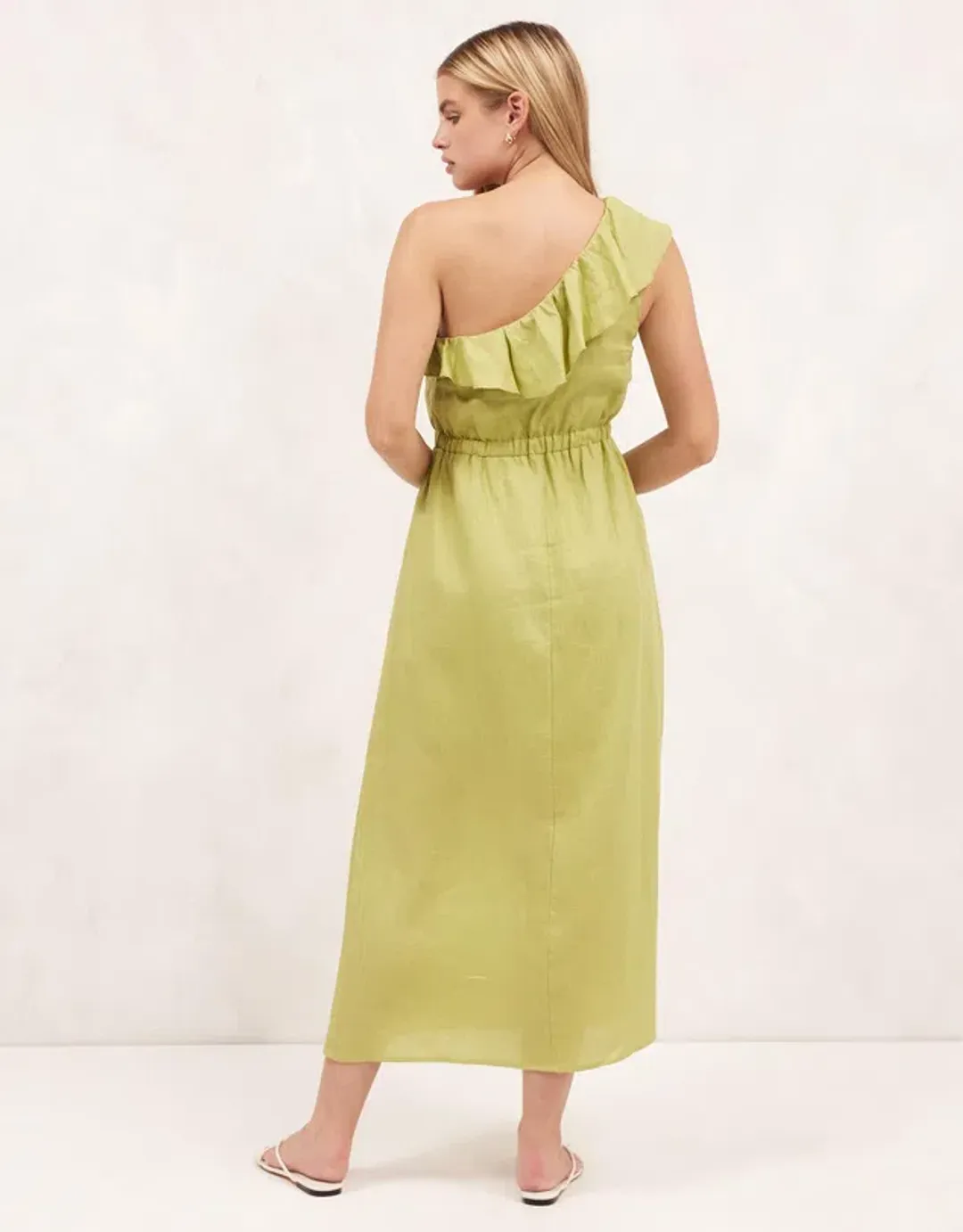 Aere Linen One Shoulder Midi Dress Bay Leaf Green Size 8 for rent on The Volte - main image