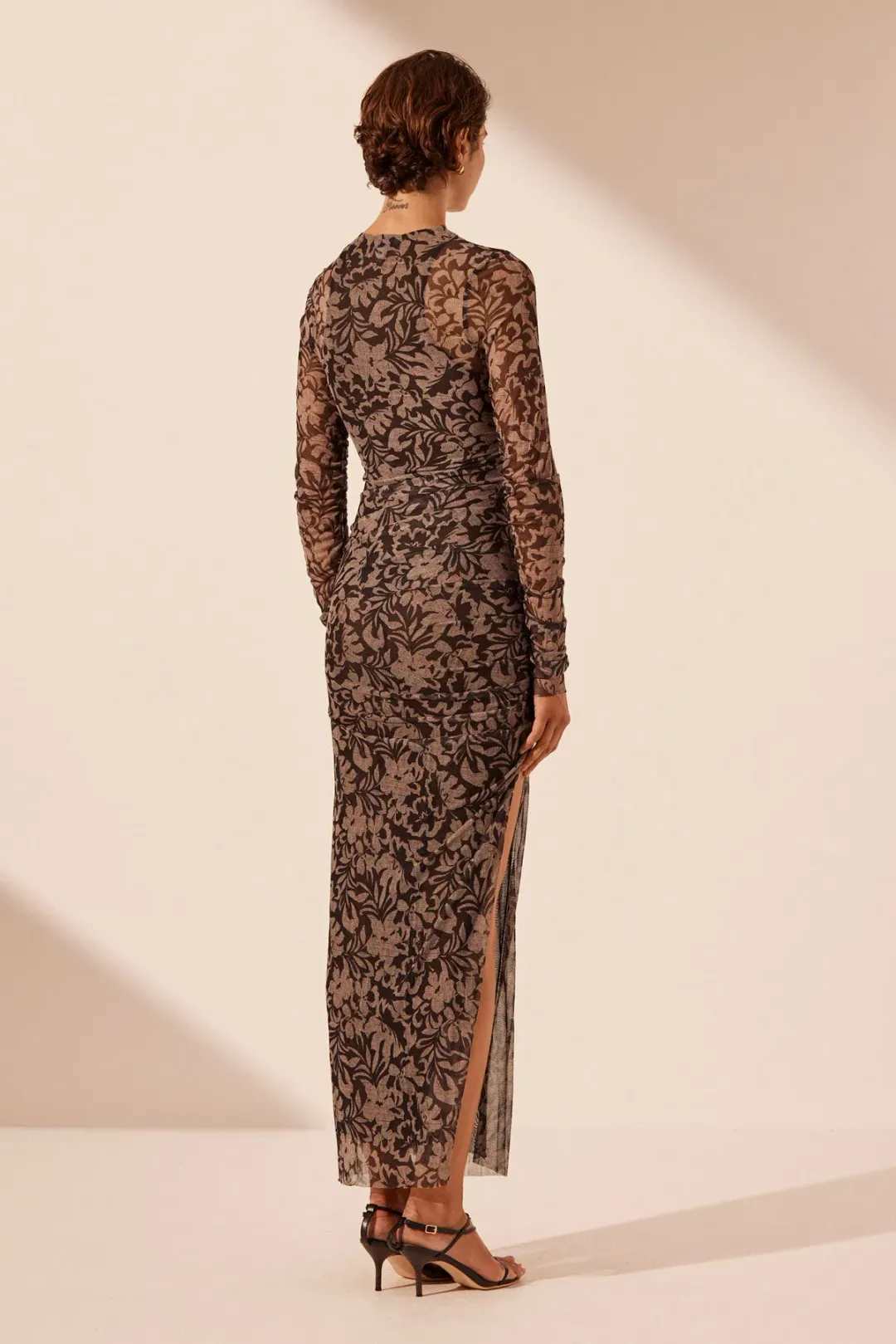 Shona Joy Zoe Long Sleeve Gathered Midi Dress Black/Sand Floral Print Size L / AU 12 for rent on The Volte - main image