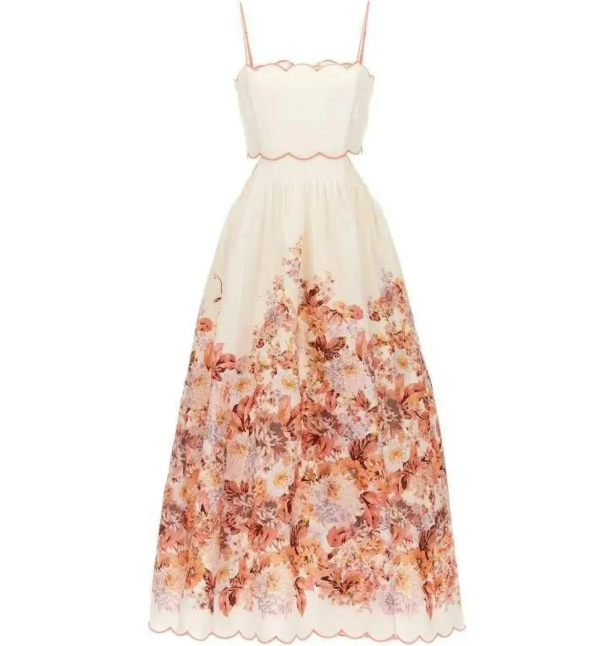 Zimmermann Devi Scallop Midi Dress In Cream Floral Size 0 / AU 8 - Image 5
