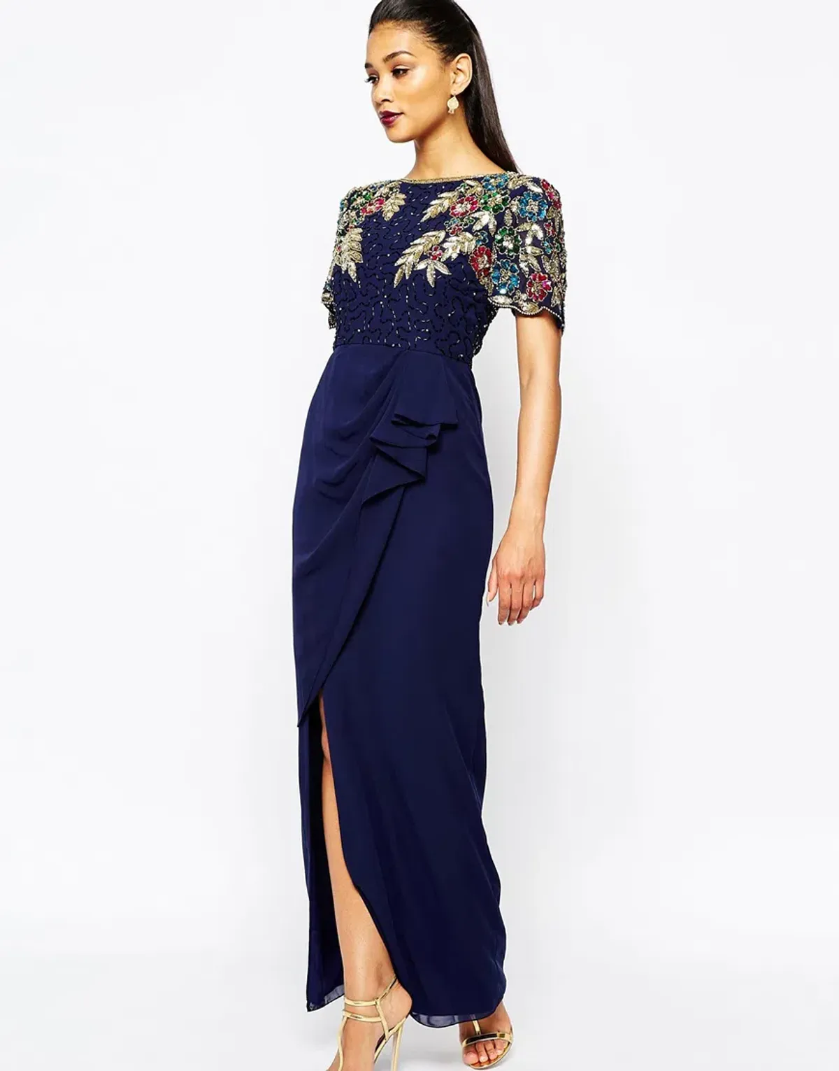 Virgos Lounge Ariann Embellished Maxi Navy Dress With Frill Wrap Skirt Navy Size AU 6 - Image 2
