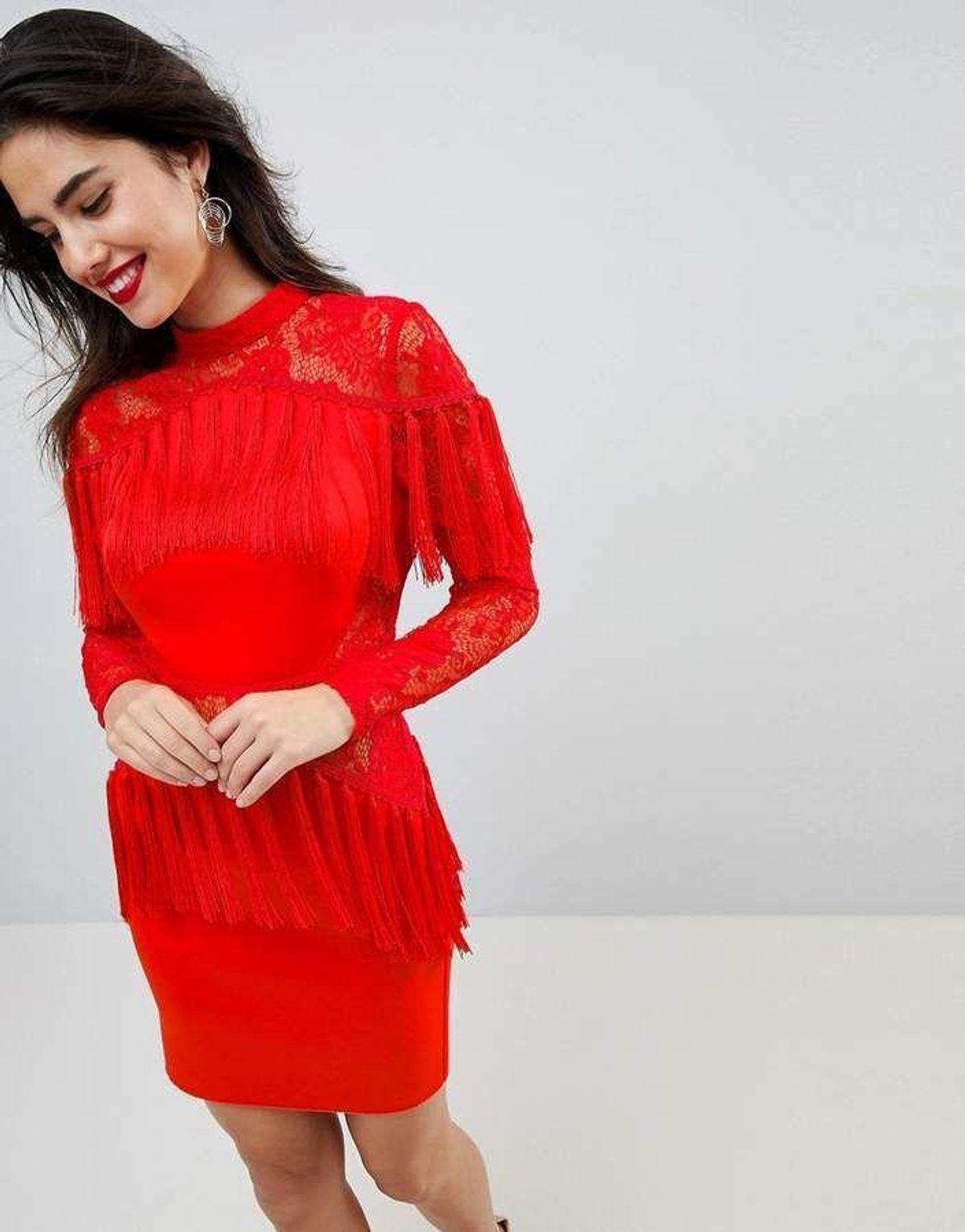 Ultimate Fringe Long Sleeve Lace Red Mini Dress Size 6 - Image 2