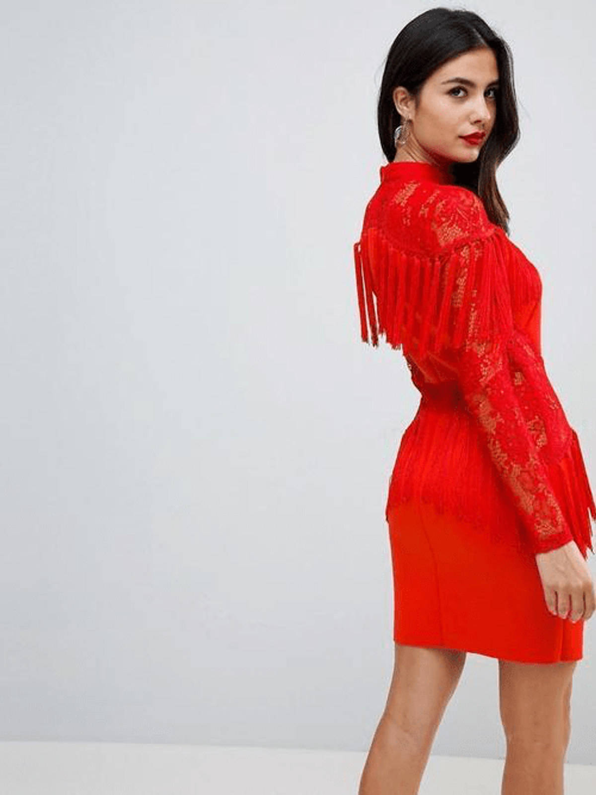 Ultimate Fringe Long Sleeve Lace Red Mini Dress Size 6 - Image 3