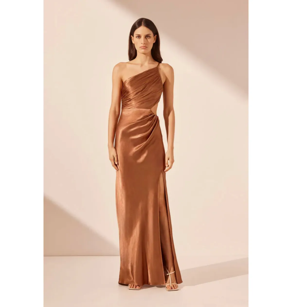 Shona Joy La Lune Asymmetrical Gathered Maxi Dress Almond Size AU 10 - Image 1