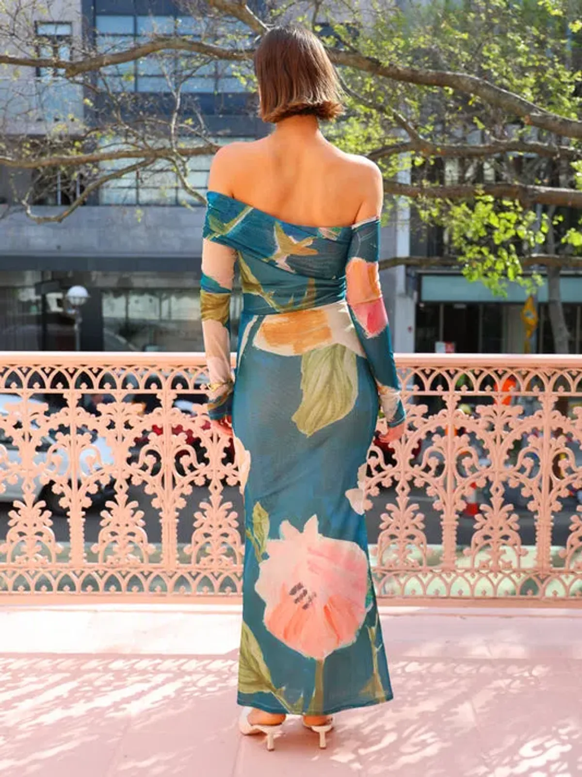 By Nicola Paloma Off Shoulder Mesh Maxi Dress in Pine Green Size 12 - Image 2