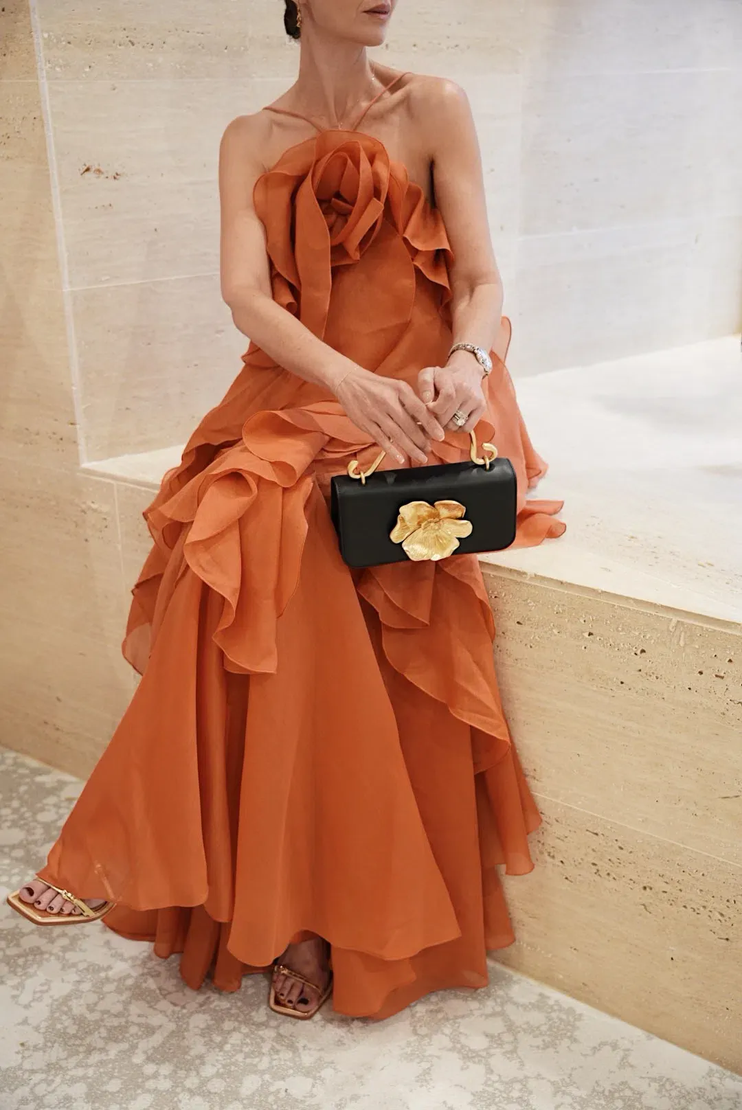 Aje Pandorea Layered Maxi Dress Coral Clay Size 6 for rent on The Volte - main image