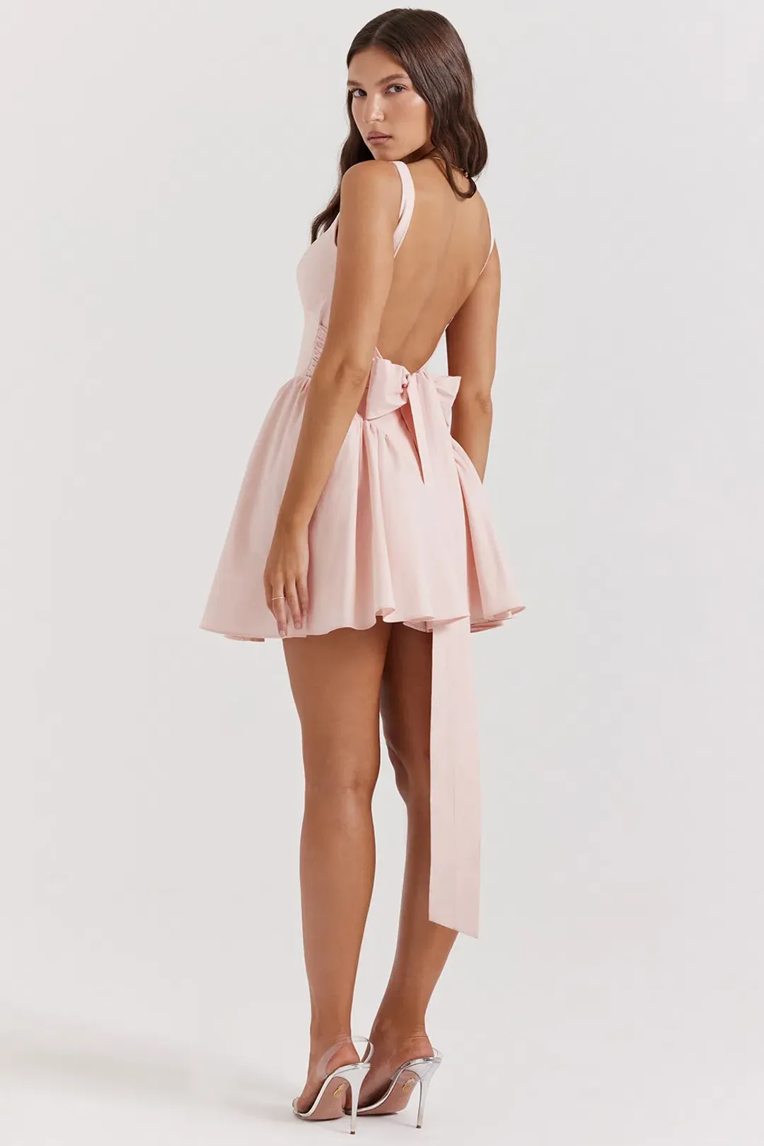 House of CB Florianne Bow Mini Dress in Soft Peach Size 8 for rent on The Volte - main image