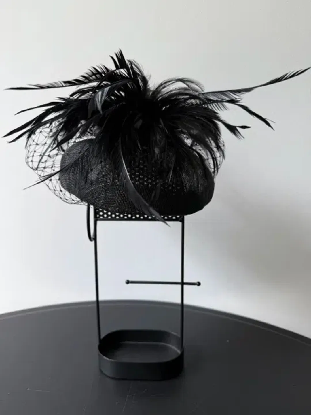 Morgan and Taylor Straw Beret Millinery with Feathers and Veil Black One Size  for rent on The Volte - main image