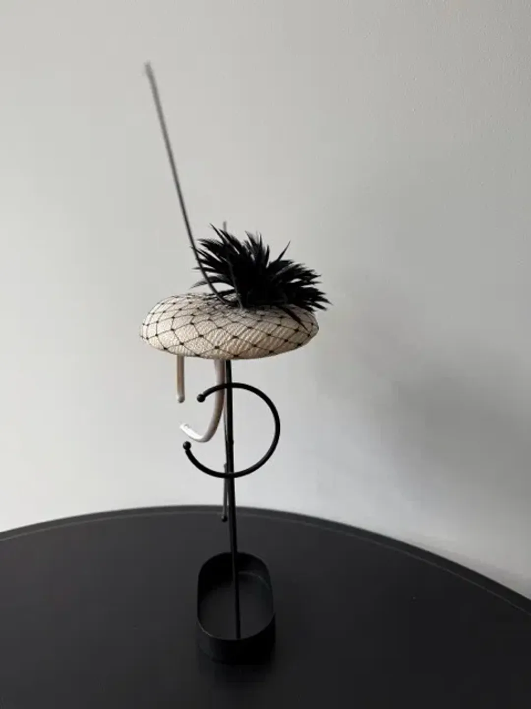 Olga Berg Small Raffia Beret Fascinator Black and White for rent on The Volte - main image