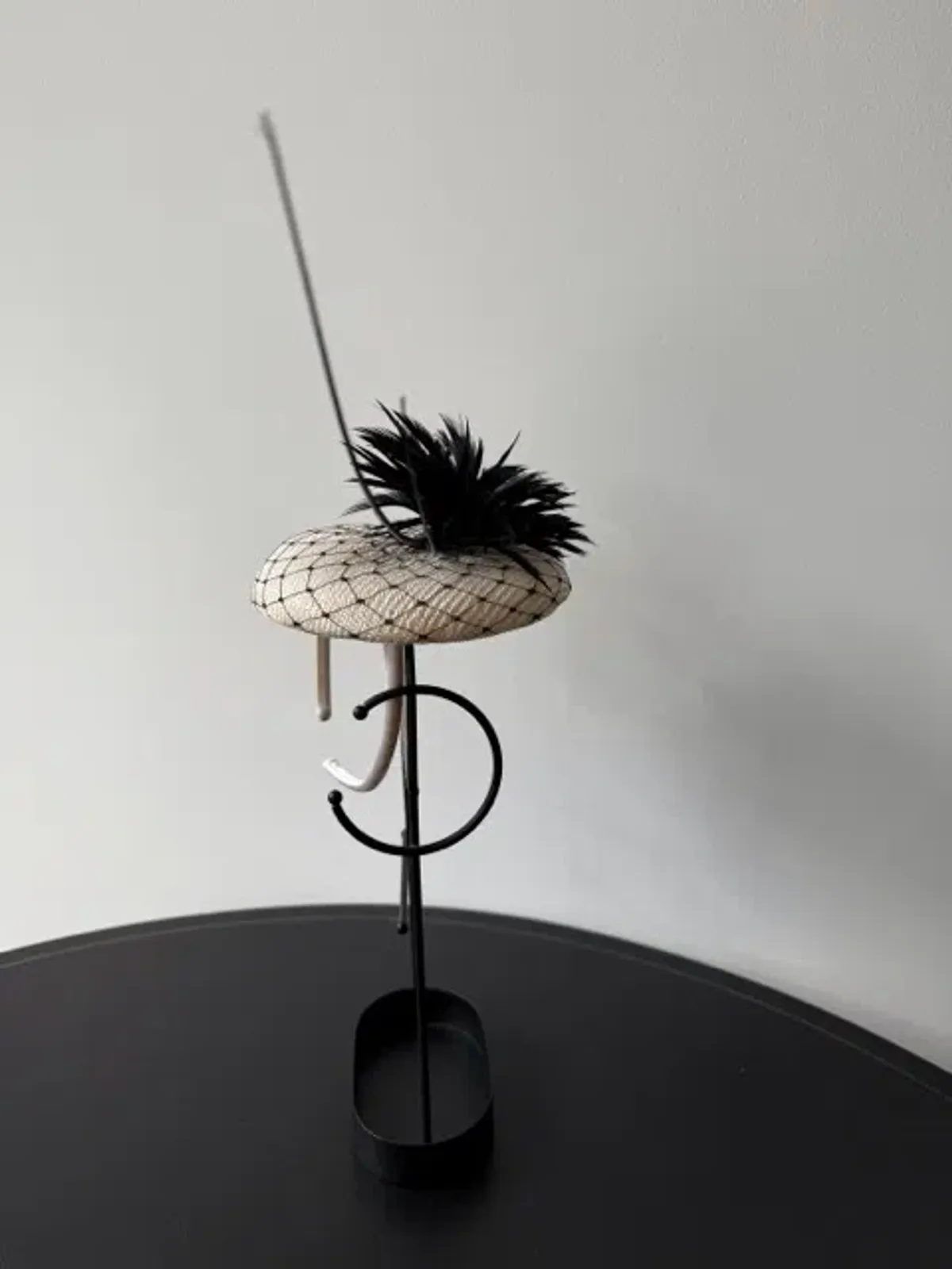 Olga Berg Small Raffia Beret Fascinator Black and White - Image 2