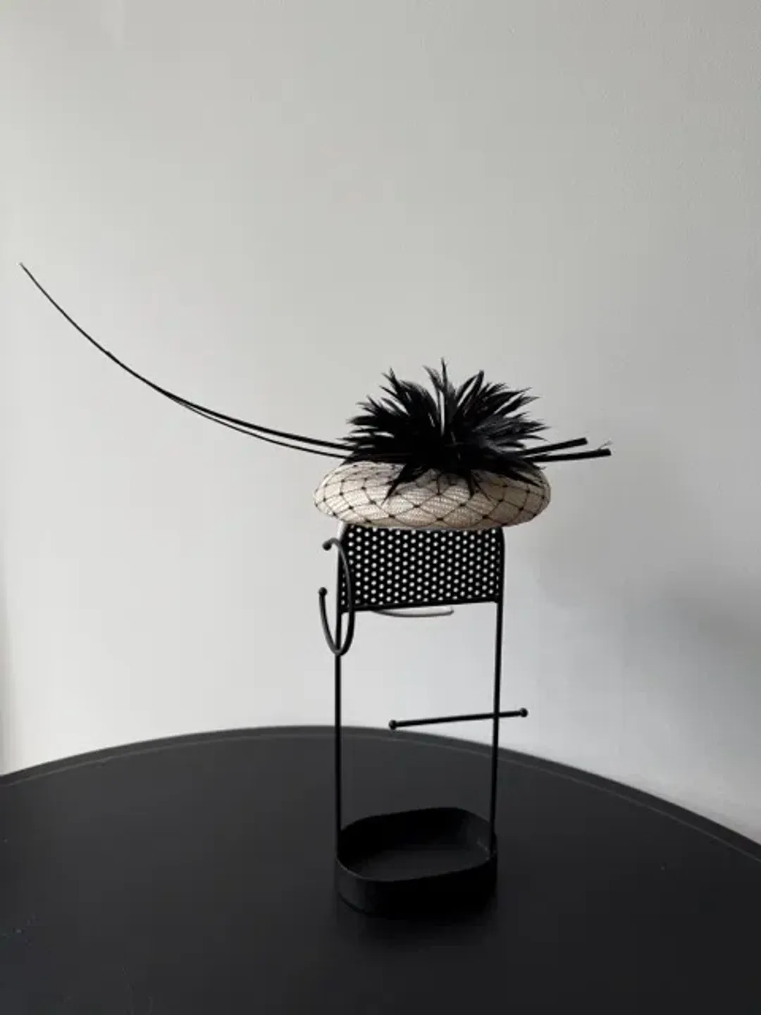 Olga Berg Small Raffia Beret Fascinator Black and White for rent on The Volte - main image