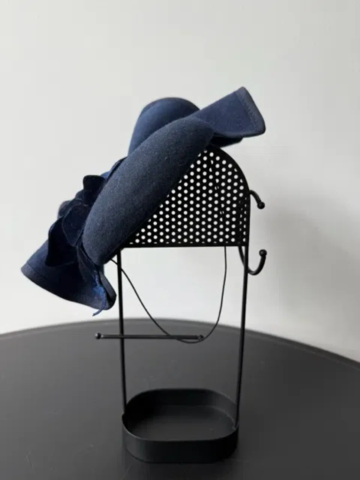 Felted Wool Headpiece with Sculptural Detail and Floral Velvet Adornment Navy One Size - Image 3