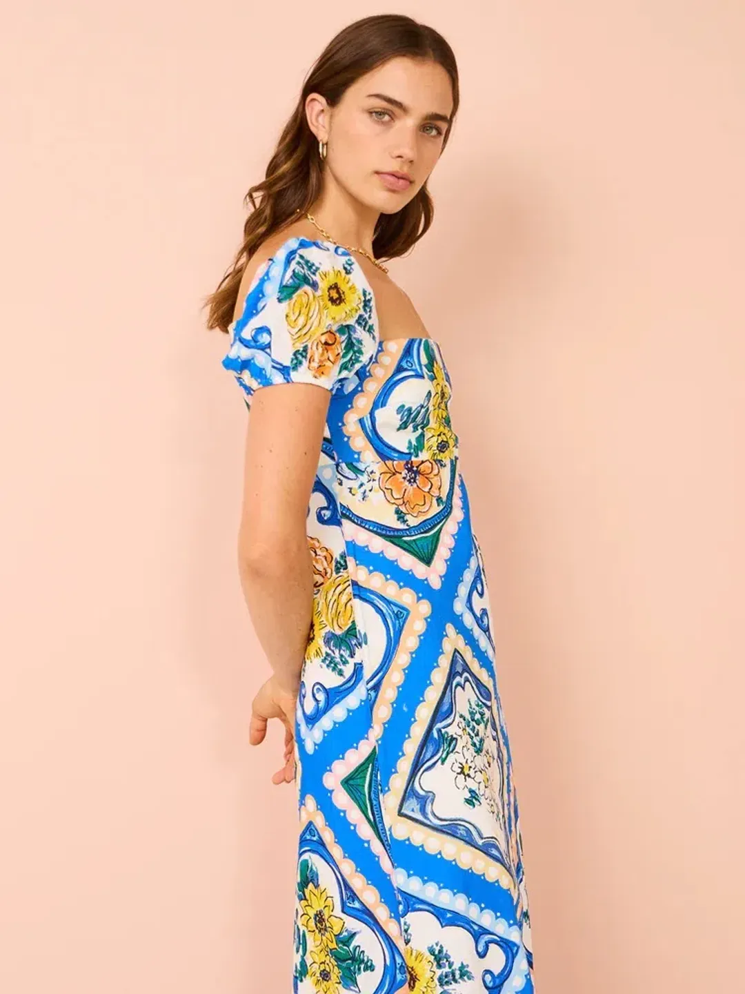 By Nicola Mariposa Puff Sleeve Maxi Dress in Azure Floral Size 8 for rent on The Volte - main image