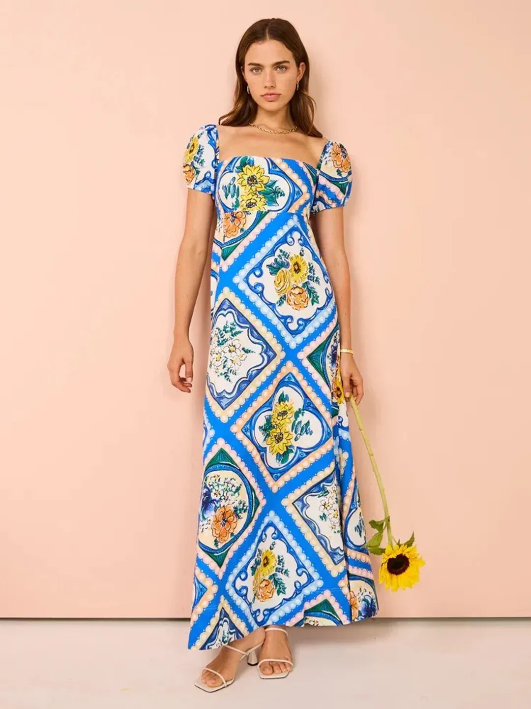 By Nicola Mariposa Puff Sleeve Maxi Dress in Azure Floral Size 8 for rent on The Volte - main image