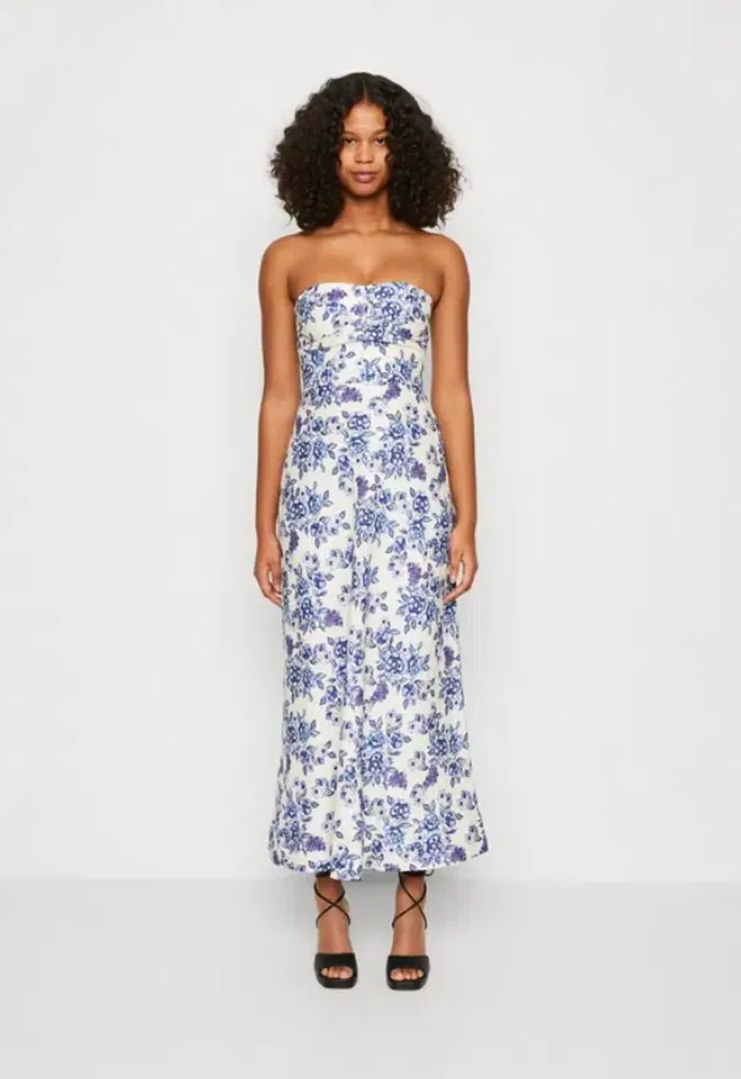 Bec & Bridge Audette Strapless Linen Maxi Dress Floral White Blue Size XS/ AU 6 for rent on The Volte - main image